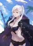  1girl belt bikini blue_sky breasts brown_gloves cleavage cloud fire_emblem fire_emblem_awakening fire_emblem_heroes gimkamres04 gloves highres jewelry necklace o-ring o-ring_bikini parted_lips robin_(fire_emblem) robin_(fire_emblem)_(female) sky solo swimsuit twintails white_hair 