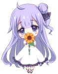  1girl ahoge azur_lane bangs black_footwear black_ribbon blush_stickers chibi commentary_request covered_mouth dress eyebrows_visible_through_hair flower frilled_dress frills hair_between_eyes hair_bun hair_ribbon holding holding_flower looking_at_viewer one_side_up orange_flower purple_eyes purple_hair ribbon shoes short_sleeves side_bun simple_background solo sukireto sunflower unicorn_(azur_lane) white_background white_dress 