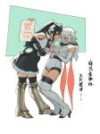  2girls absurdres armored_boots bare_shoulders black_gloves black_hair black_thighhighs blush boots bukimi_isan elbow_gloves eye_contact eye_mask fingerless_gloves gloves green_background grin high_heel_boots high_heels highres holding holding_paper hood lady_black_(shy) leotard looking_at_another multiple_girls paper short_hair shy_(character) shy_(series) smile standing superhero_costume sweatdrop teeth thighhighs translation_request twintails white_background white_leotard 