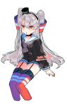  1girl amatsukaze_(kancolle) brown_dress brown_eyes commentary cropped_legs dress eto_(etonomemo1008) feet_out_of_frame garter_straps grey_hair grey_neckerchief hair_tubes hat invisible_chair kantai_collection lifebuoy_ornament long_hair mini_hat neckerchief red_thighhighs sailor_dress short_dress simple_background sitting smokestack_hair_ornament solo striped_clothes striped_thighhighs symbol-only_commentary thighhighs two_side_up white_background 