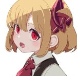  1girl absurdres ascot black_vest blonde_hair blush collared_shirt hair_ribbon highres kame_(kamepan44231) open_mouth portrait red_ascot red_eyes red_ribbon ribbon rumia shirt short_hair simple_background solo touhou vest white_background white_shirt 