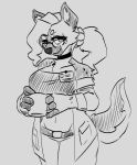  anthro breasts clothed clothing cup eyewear female fluffy fluffy_tail glasses hair hijackerdraws_(artist) holding_object hyaenid mammal monochrome simple_background smile solo 