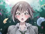  1girl bang_dream! bang_dream!_it&#039;s_mygo!!!!! blush brown_eyes brown_hair collared_shirt commentary_request confetti green_necktie grey_jacket haneoka_school_uniform highres jacket looking_at_viewer nanami_(nunnun_0410) necktie open_mouth outdoors school_uniform shirt short_hair solo takamatsu_tomori twitter_username upper_body white_shirt 