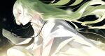  1other black_background closed_mouth enkidu_(fate) fate_(series) floating_clothes floating_hair flower from_side green_hair light_particles long_hair looking_ahead mizutame_tori rose short_sleeves signature smile solo white_flower white_rose yellow_eyes 