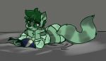  anthro bed book clothed clothing domestic_ferret female fluffy fluffy_tail fur furniture green_body green_eyes green_fur hijackerdraws_(artist) lying mammal mustela mustelid musteline simple_background smile solo 