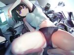  1girl :&lt; arm_above_head arms_up bad_source barefoot black_hair blue_eyes blue_shorts blunt_bangs blurry blurry_background bob_cut breasts cellphone clothes_lift controller covered_nipples depth_of_field dishes from_above game_controller highres indoors jacket light_blush looking_at_viewer lying medium_breasts navel no_bra on_back on_bed open_clothes open_jacket original panties panty_peek phone pillow shirt shirt_lift short_hair short_shorts short_sleeves shorts sidelocks smartphone solo spread_legs stomach towanemuru underwear white_panties white_shirt 
