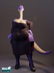  2024 3d_(artwork) anthro belly big_belly big_breasts blender_(copyright) breasts claws clothed clothing digital_media_(artwork) dinosaur dinosaurs_inc. diplodocid diplodocus dress female footwear hi_res hide_lanoro legwear looking_at_viewer mother_(lore) overweight overweight_female parent_(lore) purse reptile sauropod sauropodomorph scalie selissculpts shoes solo stockings 