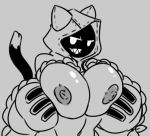  big_breasts blazblue breasts clothed clothing fangs female hijackerdraws_(artist) humanoid monochrome nipples open_mouth open_smile partially_clothed simple_background smile solo taokaka video_games 