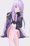  1girl bare_legs black_gloves black_jacket black_ribbon blush braid collared_shirt danganronpa:_trigger_happy_havoc danganronpa_(series) feet_out_of_frame fm_90mhz gloves hair_ribbon hand_up highres invisible_chair jacket kirigiri_kyoko long_hair long_sleeves miniskirt necktie open_clothes open_jacket pink_eyes pink_hair pleated_skirt red_necktie ribbon shima_(fm_90mhz) shirt side_braid simple_background sitting skirt solo white_shirt 