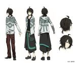  1boy ahoge arms_behind_back belt black_footwear black_hair brown_eyes brown_pants character_sheet closed_mouth grey_hoodie hair_between_eyes highres hood hood_down hoodie medium_hair multiple_views open_clothes open_hoodie original pants patterned patterned_clothing ponytail simple_background siya_ho solo standing white_background 