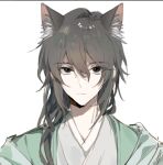  1boy animal_ear_fluff animal_ears black_hair brown_hair call_of_cthulhu cat_boy cat_ears chinese_clothes closed_mouth green_jacket gu_yanyu hair_between_eyes hanfu jacket light_frown long_hair looking_at_viewer male_focus open_clothes open_jacket simple_background solo tassel tianyan_jinian white_background xiaohuaitongxue 