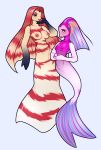  2022 angie_(shark_tale) anthro breast_size_difference breasts dreamworks duo eyeshadow female fish green_eyes hi_res lips lola_(shark_tale) makeup marine nipples purple_eyes purple_eyeshadow shark_tale tapcha 