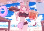  1girl ;3 ahoge alcohol animal_ear_fluff animal_ears apron bare_shoulders beach beer beer_mug bikini black_bikini blue_eyes bow breasts cat_ears cat_girl cat_tail cloud cup day earrings food frilled_bikini frills green_hair holding holding_cup innertube jewelry long_hair looking_at_viewer low_twintails mug multicolored_hair navel navel_piercing norada ocean off-shoulder_bikini off_shoulder one_eye_closed original outdoors piercing pink_hair sky smile solo solo_focus streaked_hair swim_ring swimsuit tail tray twintails two-tone_hair virtual_youtuber 