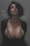  1girl black_hair black_jacket bra breasts cleavage commentary earrings english_commentary fashion hair_over_one_eye ickpot jacket jewelry large_breasts lingerie looking_at_viewer original realistic short_hair solo underwear upper_body 