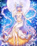  1girl blue_eyes blue_hair breasts cherry_blossoms commission dress falling_petals flower full_body full_moon hair_flower hair_ornament heterochromia highres holding holding_flower horns long_hair looking_at_viewer medium_breasts moon munlu_(wolupus) navel original petals red_eyes skeb_commission solo very_long_hair white_dress 