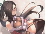  1girl black_hair breasts brown_eyes butterfly_hair_ornament cleavage commission elbow_gloves eyelashes fire_emblem fire_emblem_fates garter_straps gloves grey_thighhighs hair_ornament hair_over_one_eye highres kagero_(fire_emblem) large_breasts long_hair pom_pom_(clothes) ponytail ribbed_thighhighs sassakntm see-through see-through_cleavage sitting solo thighhighs 