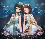  2girls bare_shoulders bead_bracelet beads blue_nails blush bow bracelet breasts brown_eyes brown_hair choker cleavage closed_mouth collarbone dot_nose dress dress_bow flower fujii_tomo green_bow green_brooch green_hair hair_bow hair_ribbon hairband holding_hands idolmaster idolmaster_cinderella_girls idolmaster_cinderella_girls_starlight_stage jewelry layered_dress long_hair looking_at_viewer lvetica medium_breasts multiple_girls nagatomi_hasumi nail_polish night night_sky outdoors ponytail red_nails ribbon short_hair sidelocks sitting sky sleeveless sleeveless_dress small_breasts smile tree wavy_hair white_dress white_flower white_hairband white_ribbon yellow_bow yellow_brooch yellow_choker yokozuwari 