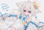  1girl animal_ear_fluff animal_ears ascot blue_bow blue_ribbon blue_sash bow bowtie catbell coat coat_on_shoulders commission crown flower fox_ears fox_girl fox_tail frilled_vest frills fur-trimmed_coat fur_trim grey_hair hair_between_eyes hair_bow hair_ornament hair_ribbon hair_scrunchie hand_on_own_cheek hand_on_own_face hands_up high_collar holding large_ears large_tail long_hair low_twintails lying on_back original red_eyes ribbon rose sakurada_shiro_(hy_plus) sakurada_shiro_(royal)_(hy_plus) sash scrunchie shoulder_sash signature skeb_commission solo tail thank_you twintails upper_body very_long_hair vest white_background white_coat white_flower white_hair white_rose white_unitard 