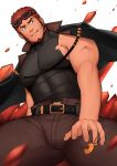  1boy absurdres bara beard brown_hair bulge chest cigarette covered_abs covered_nipples facial_hair highres jacket jacket_on_shoulders male_focus manly miqi_(nnaf3344) muscle original pectorals short_hair simple_background sleeveless smoking solo thick_thighs thighs tight upper_body 