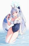  1girl absurdres animal_ears ass_visible_through_thighs bare_arms bare_legs bare_shoulders black_one-piece_swimsuit blue_archive blue_halo blush breasts casual_one-piece_swimsuit cellphone collarbone covered_navel fake_animal_ears frilled_one-piece_swimsuit frills grey_hair groin hair_between_eyes halo highres holding holding_phone innertube long_hair miyako_(blue_archive) miyako_(swimsuit)_(blue_archive) off-shoulder_one-piece_swimsuit off_shoulder official_alternate_costume one-piece_swimsuit open_mouth phone ponytail purple_eyes rabbit_ears small_breasts smartphone sob_(submar1089) solo swim_ring swimsuit water 