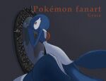  against_mirror alternate_color artist_name black_background blue_hair bob_cut commentary different_reflection dress gardevoir gyura highres looking_at_viewer mirror orange_eyes pokemon pokemon_(creature) reflection shiny_pokemon simple_background symbol-only_commentary white_dress 