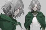  1boy bags_under_eyes black_eyes cloak dungeon_meshi elf gorget green_cloak grey_background grey_hair hood hooded_cloak korean_commentary lazy_eye looking_at_viewer male_focus mithrun notched_ear pobbbpsa pointy_ears shirt short_hair simple_background solo tunic uneven_eyes wavy_hair 