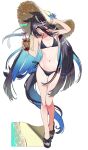  1girl acaa animal_ears ass_visible_through_thighs beach bikini black_bikini black_footwear blue_flower blue_hair closed_mouth collarbone colored_inner_hair commentary cup drinking_straw flat_chest flower flower_hat full_body hair_between_eyes hat highres holding holding_cup horse_ears horse_girl horse_tail long_hair looking_at_viewer manhattan_cafe_(umamusume) multicolored_hair navel sand sandals side-tie_bikini_bottom simple_background solo standing straw_hat streaked_hair swimsuit tail umamusume very_long_hair white_background white_hair yellow_eyes yellow_hat 