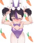  1girl absurdres animal_ears bandaid bandaids_on_nipples black_hair bow bowtie breasts bunching_hair carrot_background cchiii cowboy_shot detached_collar fake_animal_ears goddess_of_victory:_nikke hair_between_eyes highres leotard looking_at_viewer mole mole_under_eye multicolored_hair pasties playboy_bunny purple_bow purple_bowtie purple_eyes purple_hair purple_leotard rabbit_ears small_breasts solo streaked_hair syuen_(nikke) thigh_gap trembling twintails white_background 