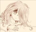  1girl collarbone eyeshadow jovel_(user_pajs4547) light_frown little_witch_academia makeup medium_hair messy_hair monochrome pillow portrait solo sucy_manbavaran under_covers waking_up 
