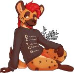 anthro artist_name brown_body clothed clothing colored digital_drawing_(artwork) digital_media_(artwork) frandelver fur hair hi_res hyena looking_at_viewer male mammal saz_the_hyena signature simple_background sitting solo spotted_hyena tail text 