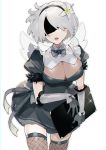  1girl absurdres blindfold blue_eyes breasts cleavage covered_eyes energy_wings flower hair_flower hair_ornament hair_over_one_eye highres holding holding_menu menu mini_wings nier_(series) nier_automata popnmusic17 skindentation solo thighhighs white_background white_hair yorha_no._2_type_b 