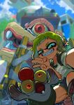  1girl artist_name black_shorts blonde_hair blue_eyes blurry blurry_background bulging_eyes colored_sclera commentary_request day dolphin_shorts earpiece eyebrow_cut fangs grin hanako515_ika hand_up highres inkling inkling_girl inkling_player_character looking_at_viewer lower_teeth_only open_mouth outdoors pointy_ears reaching reaching_towards_viewer red_eyes salmonid selfie shirt short_bangs short_hair short_sleeves shorts smallfry_(splatoon) smile splatoon_(series) splatoon_3 taking_picture teeth tentacle_hair torn_clothes torn_shirt two-tone_eyes v-shaped_eyebrows w watermark white_footwear white_shirt yellow_sclera 
