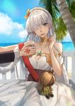  1girl anastasia_(fate/grand_order) avril214 bangs bare_shoulders blue_eyes cigarette fate/grand_order fate_(series) hair_over_one_eye highres jewelry lighter long_hair looking_at_viewer mouth_hold necklace open_mouth silver_hair 