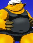  2011 anthro belly blue_background blush brown_body brown_fur clothed clothing eulipotyphlan fur male mammal mole_(animal) natunokemono overweight overweight_anthro overweight_male simple_background solo 