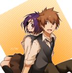  1boy 1girl black_vest blue_necktie brown_eyes brown_hair brown_skirt chrome_dokuro collared_shirt commentary_request eyepatch katekyo_hitman_reborn! looking_at_another looking_to_the_side masaki_729 necktie one_eye_covered open_mouth pants pointy_hair purple_eyes purple_hair sawada_tsunayoshi school_uniform shirt skirt smile vest white_shirt 