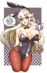  1340smile 1girl absurdres alternate_costume animal_ears black_bow black_bowtie black_leotard blush bow bowtie breasts brown_pantyhose cleavage commentary corrin_(female)_(fire_emblem) corrin_(fire_emblem) covered_navel detached_collar english_commentary fake_animal_ears fire_emblem fire_emblem_fates gloves highres leotard long_hair pantyhose playboy_bunny pointy_ears rabbit_ears red_eyes solo strapless strapless_leotard thighs white_gloves white_hair wrist_cuffs 
