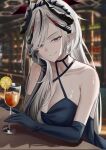  1girl bar_(place) bare_shoulders black_dress black_gloves black_hair black_horns blue_archive blurry blurry_background breasts cleavage collarbone criss-cross_halter demon_horns dress drink elbow_gloves elbow_rest english_commentary erlisa_takanashi food fruit gloves gradient_halo gradient_horns grey_hair hair_between_eyes hair_over_one_eye halo halter_dress halterneck hand_on_own_cheek hand_on_own_face head_rest highres holding holding_drink horns large_breasts lemon lemon_slice long_hair looking_at_viewer makoto_(blue_archive) makoto_(dress)_(blue_archive) multicolored_hair multicolored_halo multicolored_horns multiple_horns official_alternate_costume pointy_ears red_halo sitting smile solo streaked_hair very_long_hair 