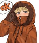  1boy blonde_hair blue_eyes covered_mouth fur-trimmed_hood fur_trim gloves hand_up high_collar highres hood hood_up jacket kenny_mccormick long_sleeves looking_at_viewer male_focus ok_sign ringodaisk solo south_park upper_body 