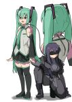  2girls :d black_bodysuit black_skirt black_sleeves bodysuit boots cable commentary_request crossover detached_sleeves expressionless full_body ghost_in_the_shell ghost_in_the_shell:_sac_2045 green_eyes green_hair grey_shirt hatsune_miku head-mounted_display highres holding holding_weapon kusanagi_motoko long_hair multiple_girls multiple_views on_one_knee pleated_skirt purple_hair shirt simple_background sketch skirt sleeveless sleeveless_shirt smile tenten_(chan4545) thigh_boots twintails very_long_hair vocaloid weapon white_background 