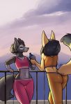  anthro black_hair bodily_fluids canid canine clothing crop_top eyes_closed female fenavi_montaro fennec feretta fox fur grey_body grey_fur hair hi_res mammal red_fox scenery shirt silver_fox smile sweat topwear vix_(feretta) water_bottle yellow_body yellow_fur yoga_pants 