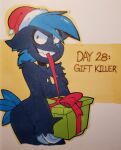  2018 2_claws 3_fingers anthro biped bite black_text blue_body blue_ears blue_fur blue_hair blue_scar blue_tail blue_tuft box christmas christmas_clothing christmas_headwear claws clothing container day_count ears_back english_text eye_scar facial_scar female female_anthro finger_claws fingers fur generation_2_pokemon gift gift_bow gift_box green_gift hair hat hat_only headgear headgear_only headwear headwear_only hi_res holidays inktober inktober_2018 long_claws mammal mostly_nude mostly_nude_anthro mostly_nude_female mustelid nintendo outline payback_(toxicsoul77) pen_(artwork) pivoted_ears pokemon pokemon_(species) pokemorph red_clothing red_eyes red_hat red_headwear red_ribbon ribbon_in_mouth santa_hat scar sharp_teeth sneasel solo tail teeth text toxicsoul77 traditional_media_(artwork) tuft yellow_outline 