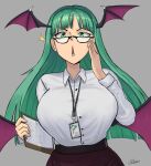  1girl bat_wings breasts clipboard commentary demon_girl english_commentary glasses green_eyes green_hair highres holding holding_clipboard long_hair looking_at_viewer morrigan_aensland name_tag office_lady purple_skirt shirt signature skirt slit_pupils star_(symbol) t-shirt tallinax vampire_(game) wings 