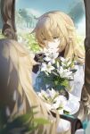  1boy absurdres black_gloves black_shirt blonde_hair blue_sky blurry blurry_foreground bouquet bud cloud coat commentary_request day fence flower gloves grass green_eyes hair_between_eyes hair_intakes hand_up highres holding holding_bouquet honkai:_star_rail honkai_(series) leleyoukuailele long_hair long_sleeves luocha_(honkai:_star_rail) male_focus mirror outdoors parted_lips picket_fence reflection reflection_focus shirt sidelocks sky smelling_flower solo tree white_coat white_flower wooden_fence 
