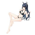  +intro+ 1girl asymmetrical_sidelocks bare_arms bare_legs bare_shoulders barefoot bernadette_(final_gear) bikini black_bikini black_hair blue_hair blunt_bangs breasts collarbone final_gear frown full_body hair_ornament hand_in_own_hair highres long_hair looking_at_viewer medium_breasts midriff multi-strapped_bikini_bottom multicolored_hair navel o-ring o-ring_bikini o-ring_strap official_art simple_background sitting solo spaghetti_strap swimsuit tachi-e third-party_source toes two-tone_bikini two-tone_hair very_long_hair water_drop white_background yellow_eyes 