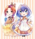  1boy 1girl :o animal_on_head apron artist_name bird blue_hair brown_vest bush chibi hair_between_eyes highres hiyono_soradori holding holding_plate long_sleeves maid on_head original parted_bangs plate ponytail squirrel standing striped_background vest 