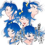  1girl aoi_tete artist_logo blue_eyes blue_hair closed_eyes closed_mouth commentary constricted_pupils cropped_torso cut_bangs expressions frown half-closed_eyes highres hirogaru_sky!_precure medium_hair multiple_views notice_lines open_mouth parted_lips precure side_ponytail simple_background single_sidelock smile sora_harewataru tearing_up translated white_background 