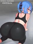  1girl all_fours alternate_costume artist_name ass ass_focus bent_over black_choker black_pants black_sports_bra blue_eyes blue_hair blue_ribbon blush cameltoe choker commentary_request embarrassed from_behind hair_ribbon hololive hoshimachi_suisei looking_at_viewer looking_back median_furrow medium_hair mixed-language_commentary paid_reward_available pants pigmentmizu ribbon side_ponytail solo sports_bra virtual_youtuber workout_clothes yoga_pants 