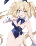  1girl alternate_costume animal_ears antenna_hair artoria_caster_(fate) artoria_pendragon_(fate) bare_shoulders blonde_hair blue_bow blue_bowtie blue_leotard blush bow bowtie breasts cleavage commentary_request detached_collar fake_animal_ears fake_tail fate/grand_order fate_(series) green_eyes highleg highleg_leotard highres leotard long_hair looking_at_viewer medium_breasts ooo00_cha playboy_bunny rabbit_ears rabbit_tail simple_background solo strapless strapless_leotard tail twintails very_long_hair white_background wrist_cuffs 