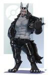  abs absurd_res anthro black_body black_fur bottomwear canid canine canis claws clothed clothing dark4202n digit_ring digitigrade ear_piercing feet finger_ring fur generation_3_pokemon grey_body grey_fur hi_res jacket jewelry leather leather_clothing leather_jacket leather_topwear male mammal mightyena muscular muscular_anthro muscular_male neck_tuft nintendo nipples open_clothing open_topwear pecs piercing pokemon pokemon_(species) red_eyes ring simple_background solo toe_ring toes topwear tuft white_background yellow_sclera 