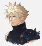  1boy armor blonde_hair blue_eyes closed_mouth cloud_strife cropped_torso earrings final_fantasy final_fantasy_vii final_fantasy_vii_rebirth final_fantasy_vii_remake grey_background hashtag-only_commentary highres jewelry lips male_focus portrait ribbed_sweater rinbukyoku short_hair shoulder_armor simple_background single_bare_shoulder sleeveless sleeveless_turtleneck solo spiked_hair stud_earrings suspenders sweater turtleneck turtleneck_sweater upper_body 